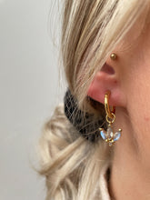 Load image into Gallery viewer, Lotus Huggie Earrings with Labradorite and White Topaz in 14K Gold Vermeil
