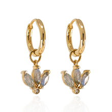 Load image into Gallery viewer, Lotus Huggie Earrings with Labradorite and White Topaz in 14K Gold Vermeil
