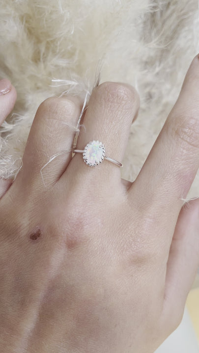 Oval White Opal Ring in Sterling Silver
