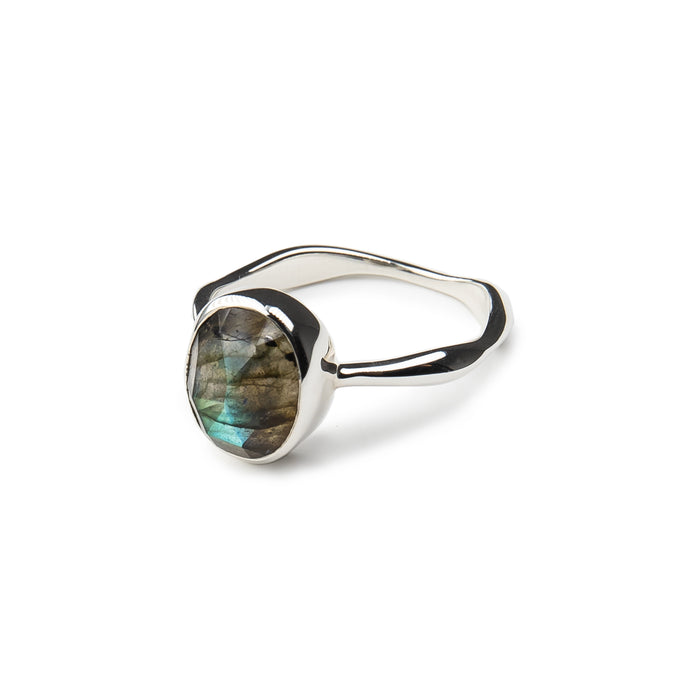 Rose Cut Labradorite Ring on Wonky Band in Sterling Silver
