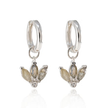 Load image into Gallery viewer, Lotus Huggie Earrings with Labradorite and White Topaz in Sterling Silver
