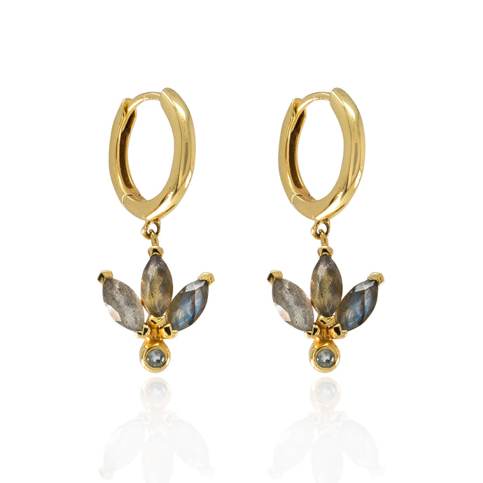 Labradorite and White Topaz Lotus Huggie Earrings in 14K Gold Vermeil